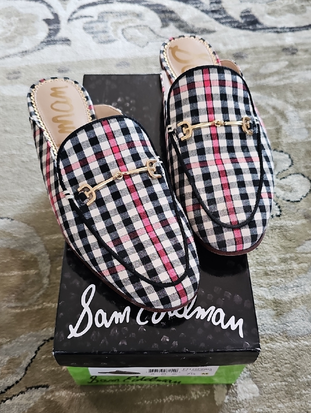 Sam Edelman Black & Red Plaid Slip-On Mules with Gold Bit